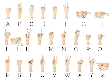 Alphabeth collage. deaf sign language isolated on white backgroundの写真素材