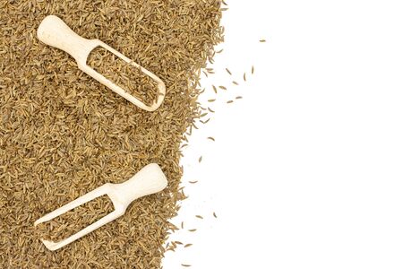 Lot of whole dry caraway fruits in two wooden scoops flatlay with copyspace isolated on white...