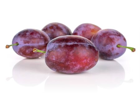 Group of five whole fresh blue plum isolated on white backgroundの写真素材
