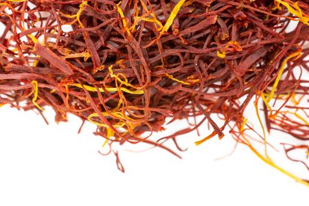 Closeup of lot of whole dry shaffron thread flatlay isolated on white backgroundの写真素材