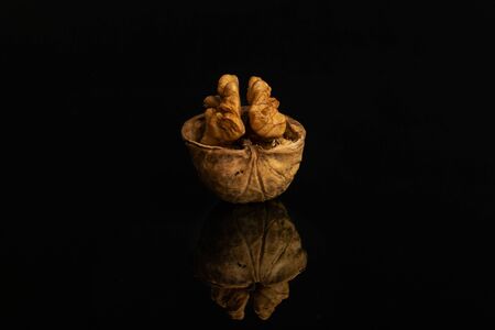 One whole ripe brown walnut with half shell isolated on black glass