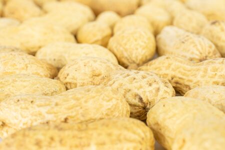 Lot of whole natural yellow peanut in closeup isolated on white backgroundの写真素材