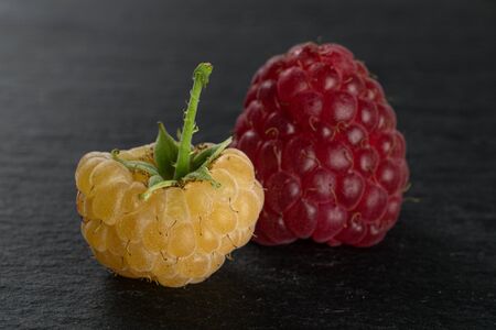 One whole fresh golden hymalayan raspberry with one red berry on grey stone