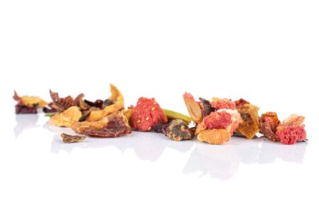 Lot of pieces of dry lavender strawberry ice tea isolated on white backgroundの写真素材