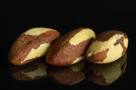 Group of three whole raw brown brazil nut isolated on black glassの写真素材