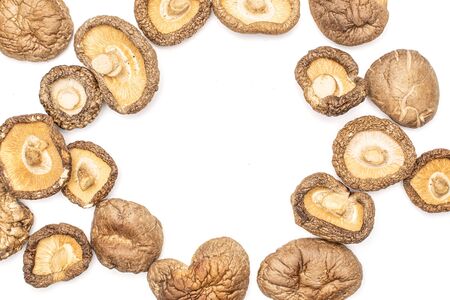 Lot of whole dry mushroom shiitake copyspace middle flatlay isolated on white backgroundの写真素材