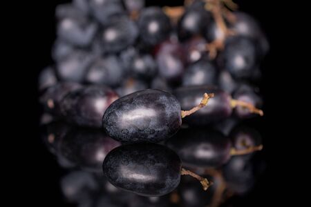 Lot of whole fresh black grape one in focus isolated on black glass