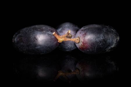Group of three whole fresh black grape isolated on black glassの写真素材