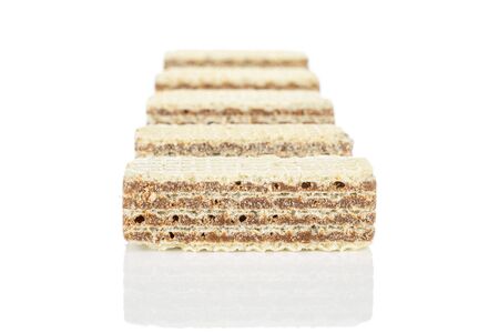 Group of five whole crispy beige hazelnut wafer cookie isolated on white backgroundの写真素材