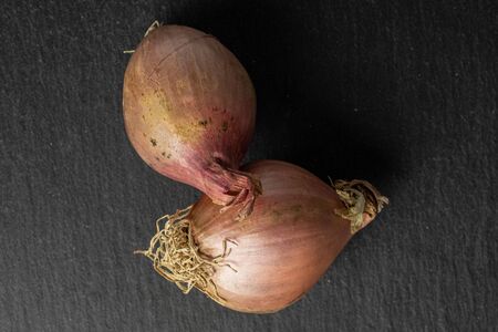 Group of two whole fresh brown shallot flatlay on grey stoneの写真素材