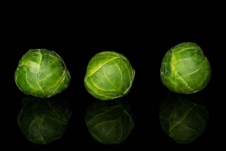 Group of three whole fresh green brussels sprout isolated on black glass