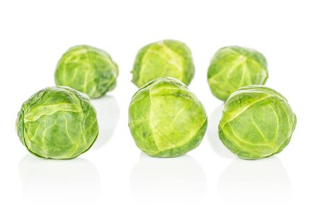 Group of six whole fresh green brussels sprout in row isolated on white backgroundの写真素材
