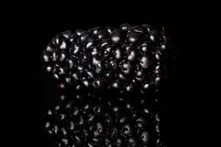 One whole blackberries isolated on black glassの写真素材