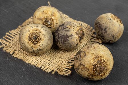 Group of five whole raw red beetroot on natural sackcloth on grey stoneの写真素材