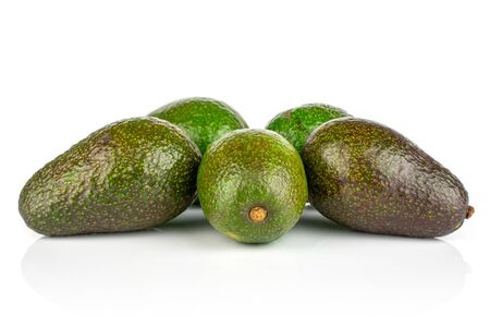 Group of five whole fresh green avocado isolated on white backgroundの写真素材