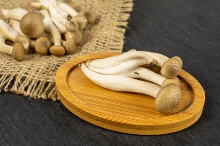 Lot of whole fresh brown buna shimeji mushroom on bamboo coaster on natural sackcloth on grey stoneの写真素材