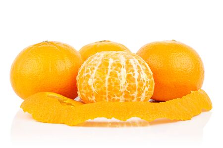 Group of four whole fresh orange mandarine isolated on white backgroundの写真素材