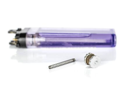 Group of one whole two pieces of plastic lighter isolated on white backgroundの写真素材