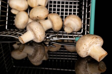 Lot of whole fresh white champignon on shopping basket isolated on black glassの写真素材