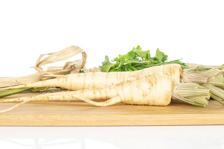 Group of two whole hamburg white parsley root on bamboo cutting board isolated on white backgroundの写真素材