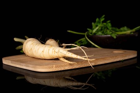 Group of two whole hamburg white parsley root on bamboo cutting board in glazed bowl isolated on black glassの写真素材