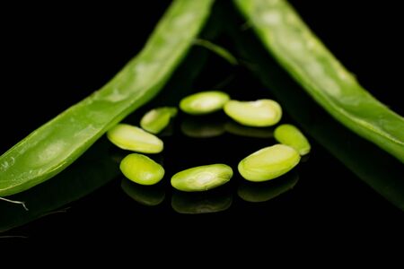 Group of two halves eight pieces of snap green bean isolated on black glassの写真素材