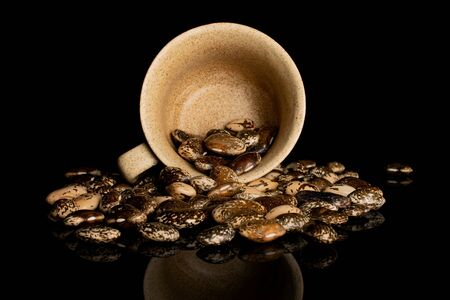 Lot of whole speckled brown bean pinto in porcelain cup isolated on black glass