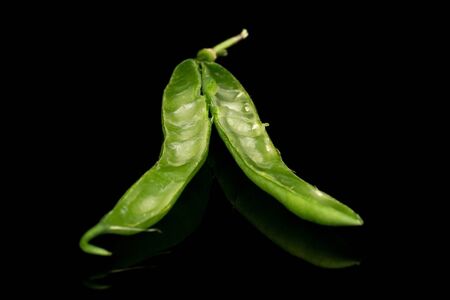Group of two halves of snap green bean isolated on black glassの写真素材