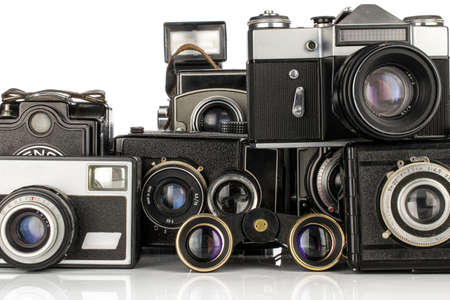 Lot of whole vintage camera isolated on white backgroundのeditorial素材