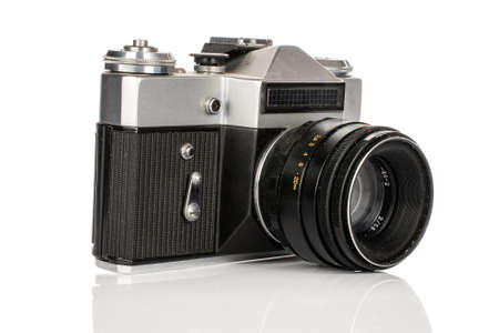 One whole old vintage camera isolated on white backgroundのeditorial素材