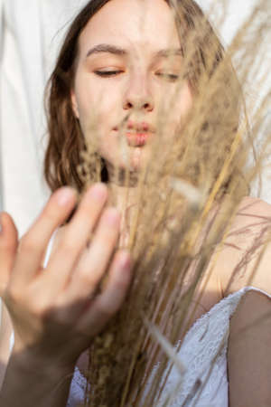 White young girl model portrait with a spikelet in hand on whiteの写真素材