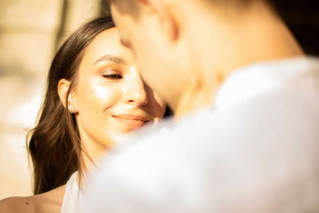Young white european couple portrait outsideの写真素材