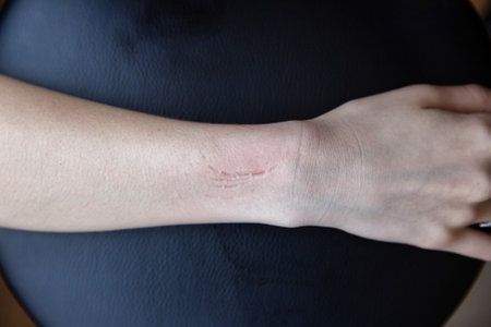 White woman hand with bite marks on blackの写真素材