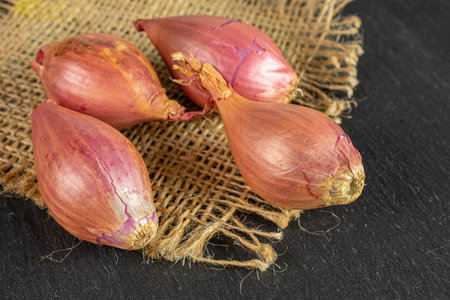 Group of four whole shallot on natural sackcloth on grey stone