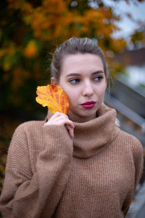 Portrait of young european white woman with blonde hair in autumn holding yellow leaf near her faceの写真素材