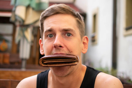 Young handsome white man with brown hair with wallet in his mouth on pub terrace