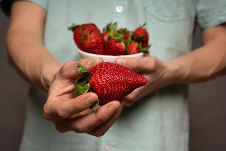 White man offering strawberry in light blue shirt on grey backgroundの写真素材