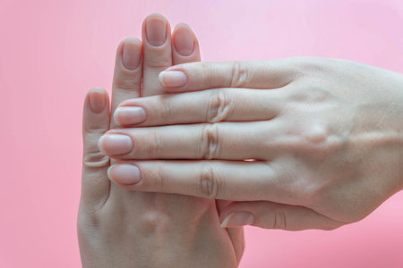 Female hands with short natural nailsの写真素材