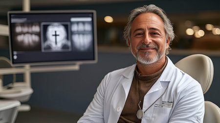 Experienced dentist smiling in modern clinic with dental X-rays displayedの素材