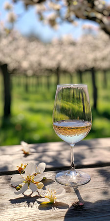 Refreshing glass of white wine on wooden table surrounded by blooming flowersの素材