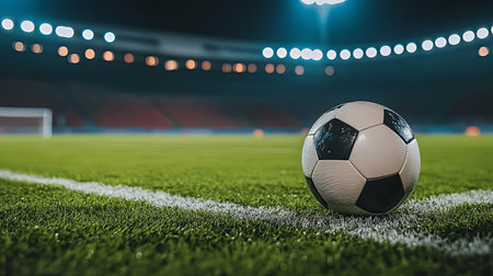 Soccer ball on green field with stadium lights shining during night matchの素材
