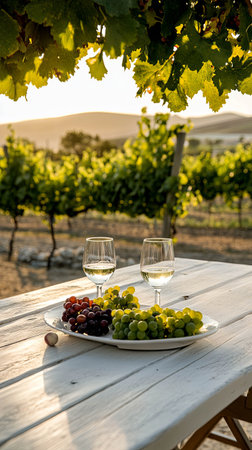 Vibrant vineyard scene with fresh grapes and wine glasses on a rustic tableの素材