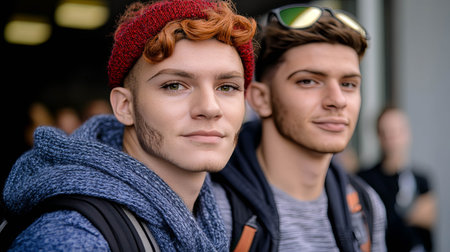 Young men with stylish hair and casual attire smiling togetherの素材
