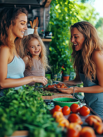 Family preparing fresh vegetables together in a vibrant gardenの素材