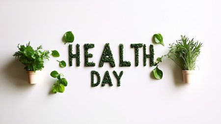 Fresh green herbs arranged to spell health day on a white backgroundの素材