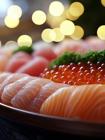 Fresh sushi platter with salmon, tuna, and roe garnished with herbsの素材