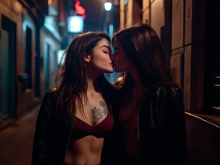 Two women sharing a romantic kiss in a vibrant urban alley at nightの素材