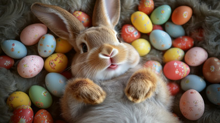 Cute Bunny Surrounded by Colorful Easter Eggsの素材