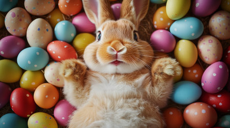 Playful Bunny Among Colorful Easter Eggsの素材