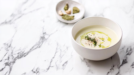 Creamy soup served in a white bowl garnished with herbs and olive oilの素材